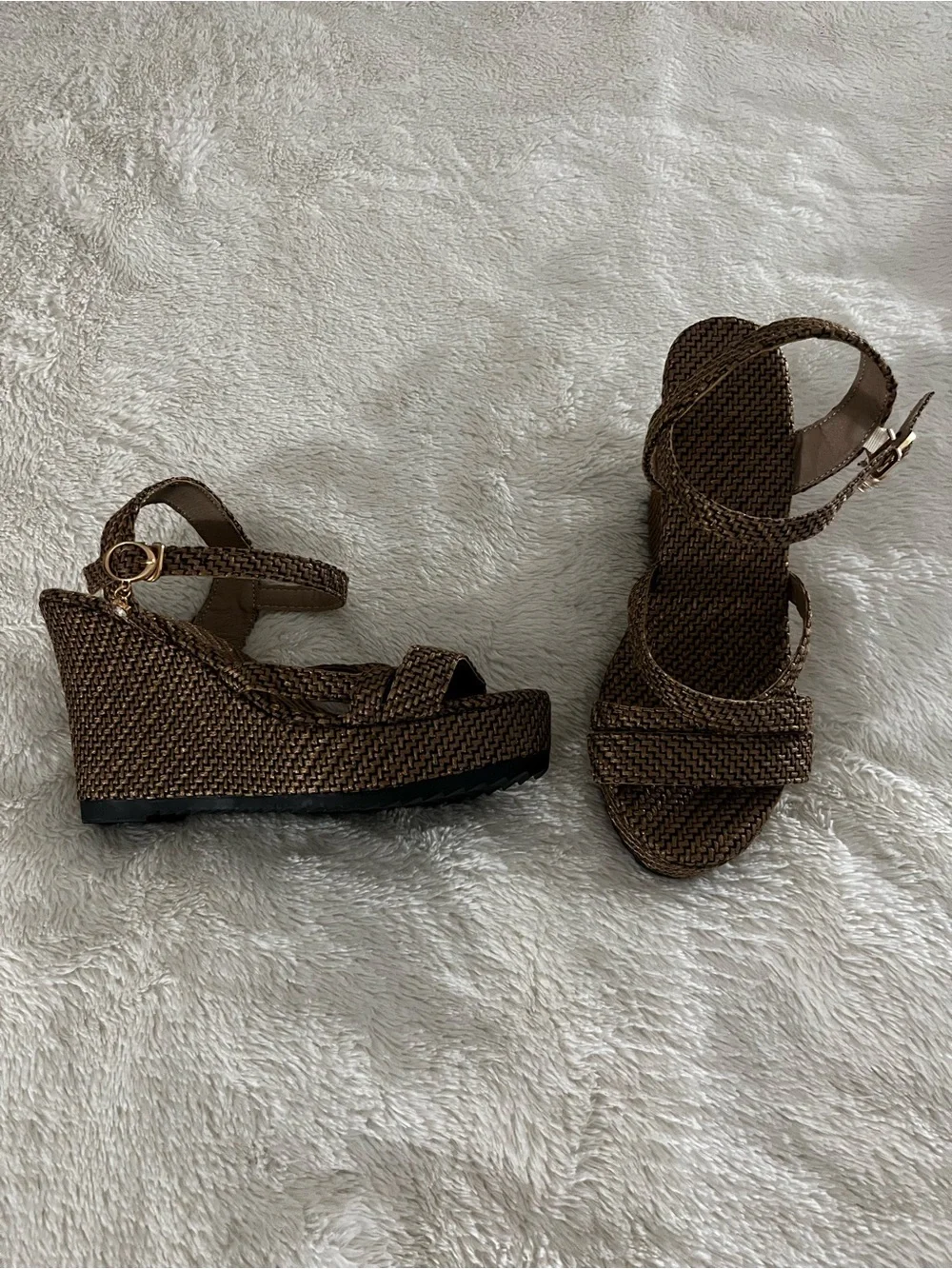 Woven Strappy Wedge Sandals - Brown